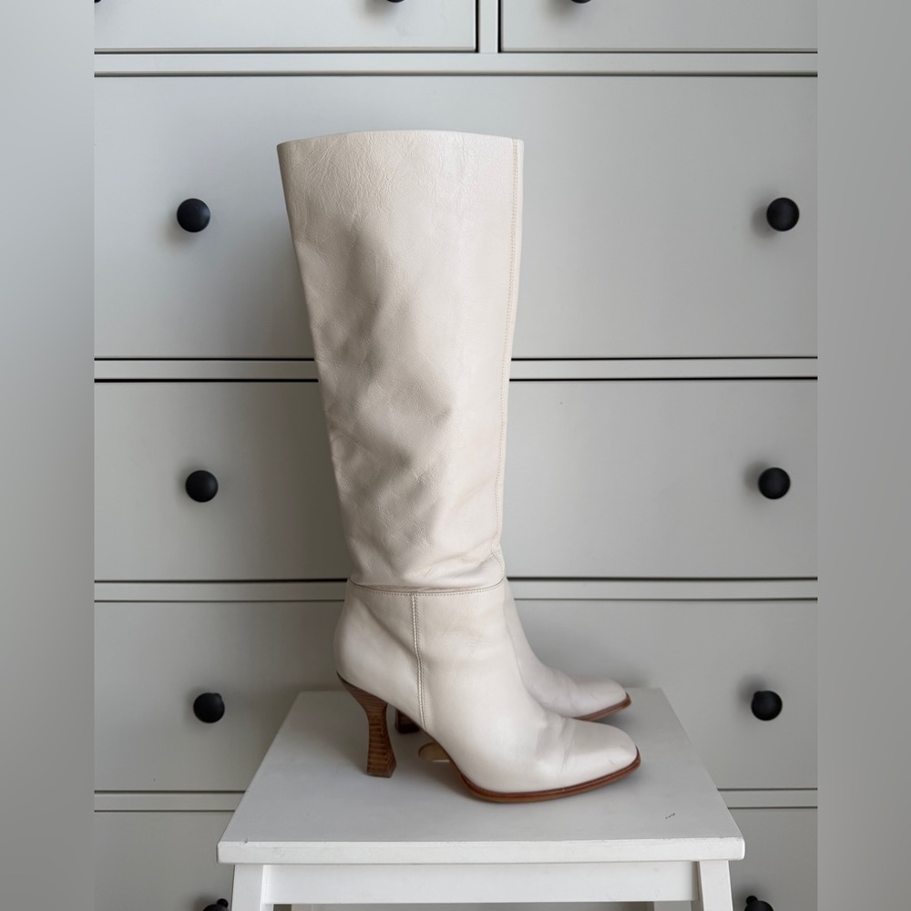 Zara Cream Heeled Knee-High Boots